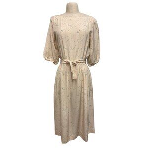 Vintage Handmade Cream Midi Dress With Tie Waist Puff Sleeves & Multicolor Strip